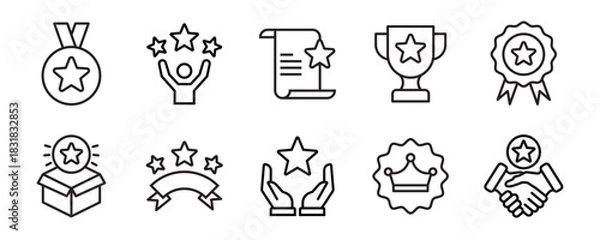 Fototapeta Star icon set. Containing rating, winner, medal, award, benefit, sparkle, shine, cup, badge and more. Editable line icons. Vector illustration.