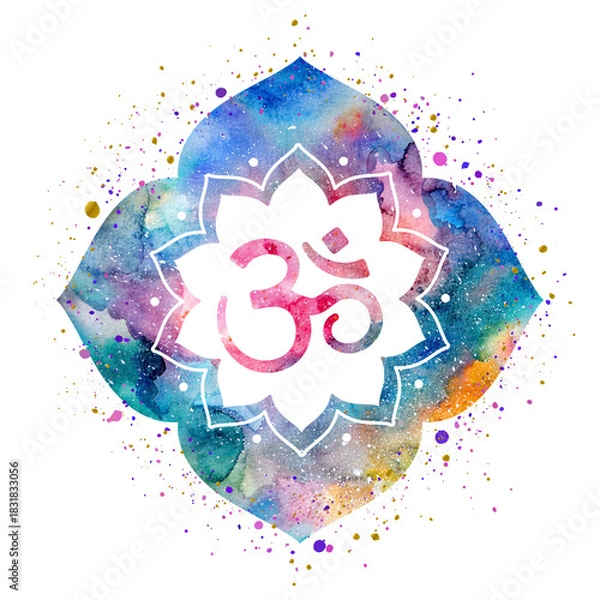 Fototapeta Om symbol painted inside a flower frame or mandala, watercolor texture, splashes of paint, colorful bright illustration. Can be used for prints, printing design, home decor design and more.