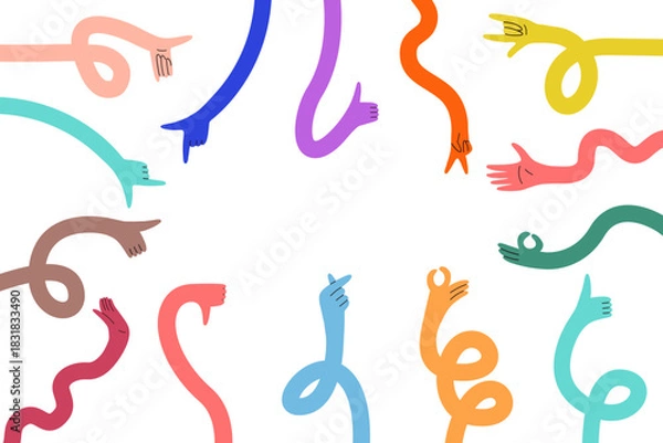 Fototapeta Flexible Hand Long Arm Banner. Abstract Comic Gesture Hands Background with Funky Style fot Text. Vector White Color Bg