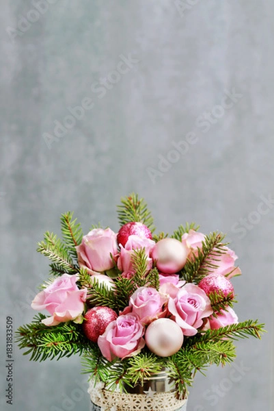 Obraz Modern Christmas pink decoration with roses, fir and baubles. Postcard motif.