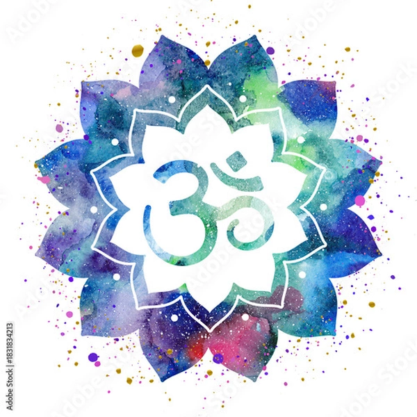 Fototapeta Om symbol painted inside a flower frame or mandala, watercolor cosmic space texture, splashes of paint, colorful bright illustration. Can be used for prints, printing design, home decor design.