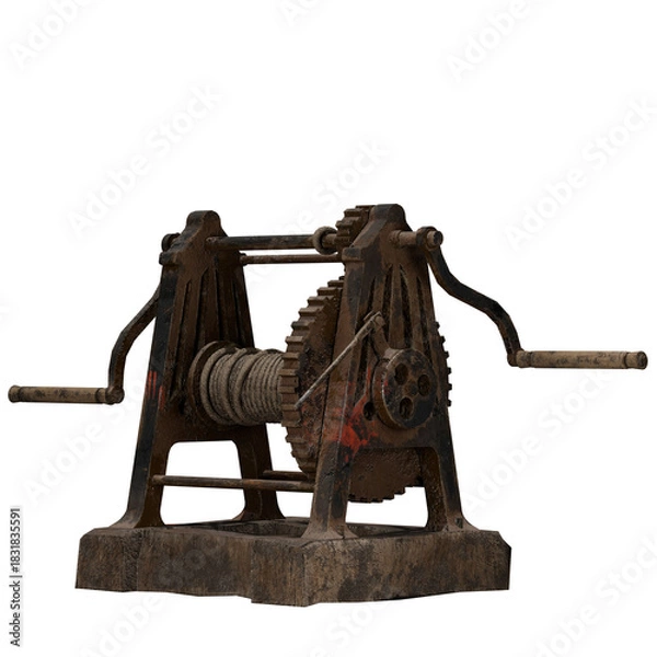 Obraz Vintage rusty manual iron winch with crank handle