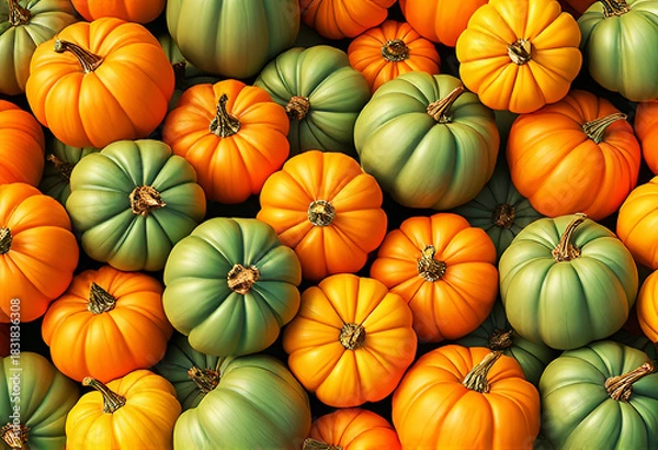 Fototapeta a large and colorful pile of pumpkins in orange and green hues, colorful autumn vegetables harvest decorative background