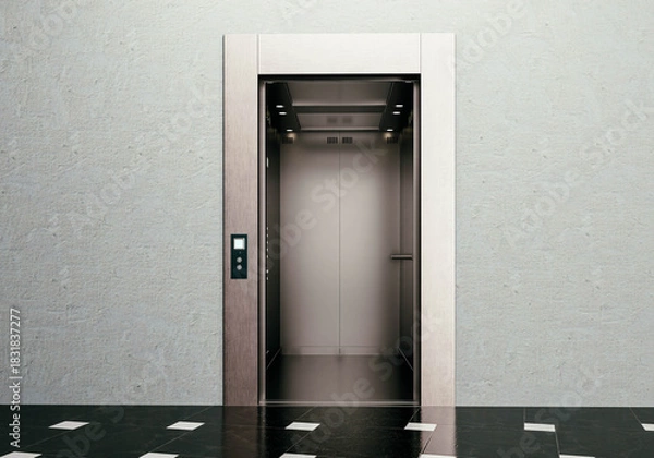 Fototapeta 3D render of elevator doors with clean metallic finish and modern architectural design.