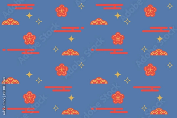 Fototapeta Happy Chinese and Japanese New Year.Abstract cloud, cherry blossom flower and star whimsical seamless pattern design. Tradition culture.Asian Lunar New Year background,holiday decoration vector.