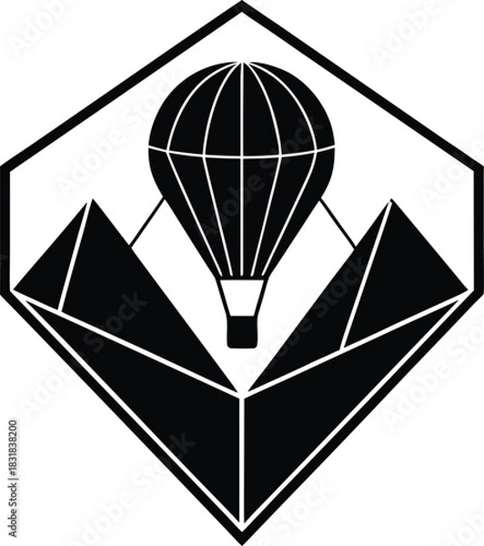 Obraz Geometric Hot Air Balloon and Mountains Hexagon Logo

