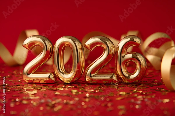 Obraz 2026 numbers gold and red decoration with confetti and ribbon for New Year celebration, festive scene with shiny metallic digits on surface, party glamour and season sparkle