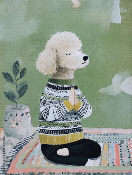Obraz Dog poodle meditation sweater rug yoga illustration of calm canine sitting cross legged with paws together on patterned rug near plant and soft green background