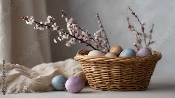 Obraz Pastel Easter Still Life with Painted Eggs and Spring Branches