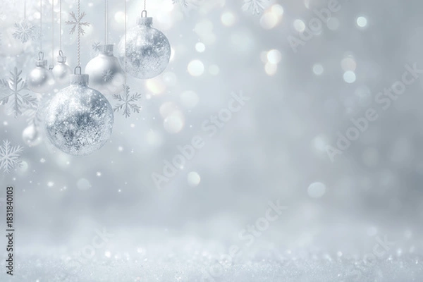Obraz Silver christmas baubles snowflakes holiday decoration glittery ornaments hanging on soft bokeh background with sparkling snow texture festive winter scene for greeting card