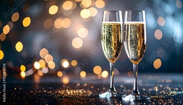 Fototapeta Dos copas de champán con burbujas y luces bokeh en un ambiente festivo y elegante