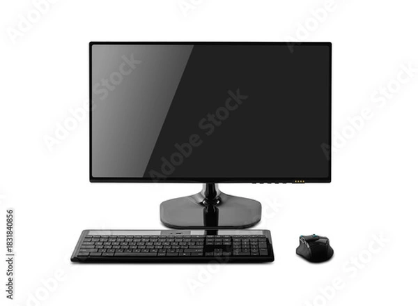 Fototapeta An isolated, modern, black desktop computer monitor, keyboard, and mouse are positioned centrally on a pure white background, ready for use.