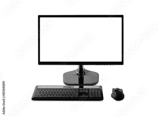 Fototapeta A computer monitor with a blank white screen is shown with a black wireless keyboard and an ergonomic mouse on a white background, isolated.