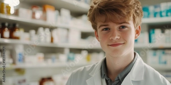 Obraz A young man wearing a lab coat, standing in a pharmacy with shelves of medication behind him.