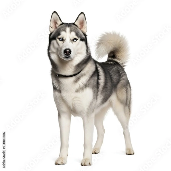 Obraz Full-body studio portrait of a purebred Siberian Husky with a focused, friendly expression and black collar