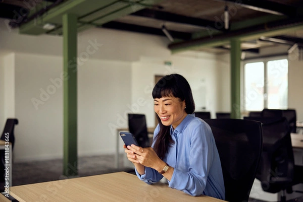 Fototapeta Office Worker Woman Using Smartphone In Modern Open Plan Workspace