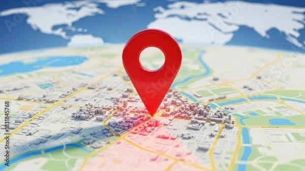 Fototapeta Red map pin location marker on a 3d city map with globe