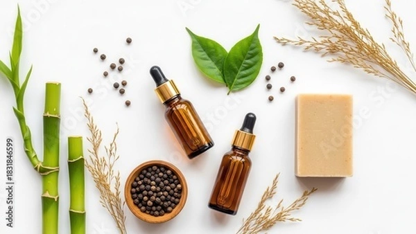 Fototapeta Natural cosmetic oil bottles and soap with botanical element isolated on white background