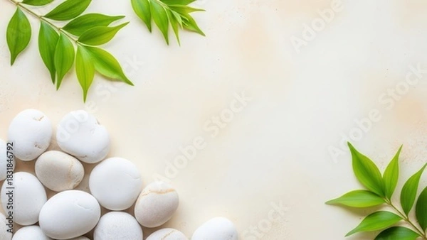 Fototapeta Spa concept with white pebble stone and green leaf on beige background