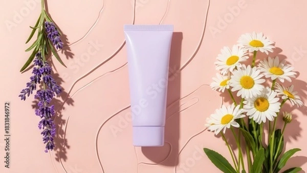 Fototapeta Cosmetic cream tube with lavender and daisy flower on pink background