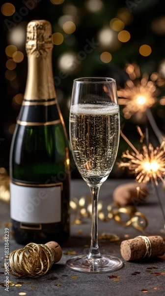 Fototapeta Champagne Bottle Popping Against Dark Background with Confetti and Fireworks