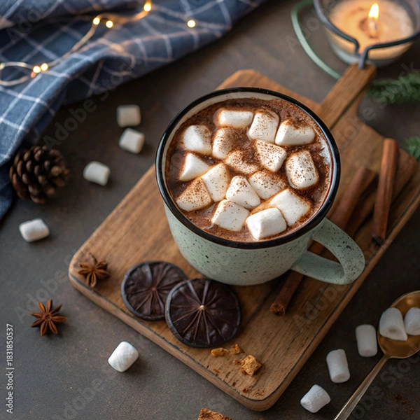 Fototapeta high angle hot chocolate with marshmallows in mug