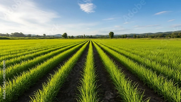Obraz rice field in thailand, Young green onion plants grow in neat rows on fertile farm soil. Agricultural field stretches towards horizon under clear sky. Healthy crop cultivation on rural land.