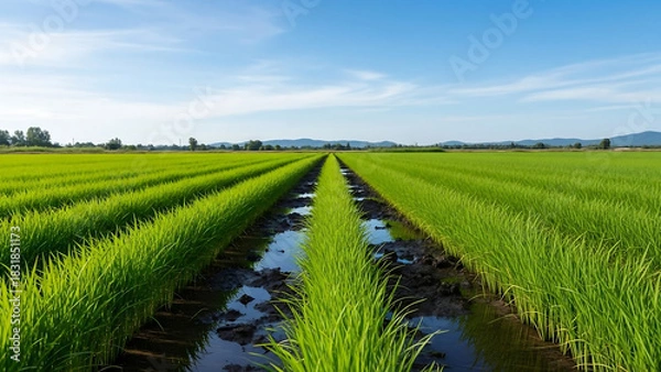 Obraz rice field in thailand, Young green onion plants grow in neat rows on fertile farm soil. Agricultural field stretches towards horizon under clear sky. Healthy crop cultivation on rural land.