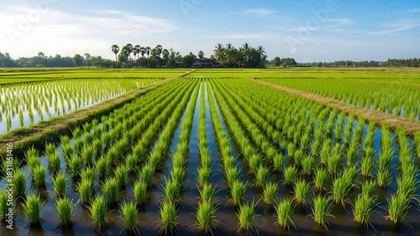 Obraz rice field in thailand, Young green onion plants grow in neat rows on fertile farm soil. Agricultural field stretches towards horizon under clear sky. Healthy crop cultivation on rural land.