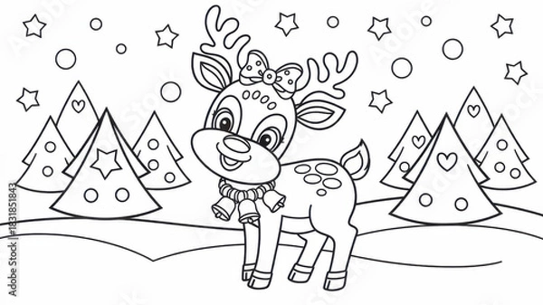 Fototapeta Kids Christmas coloring page featuring a cute reindeer with bells on its neck and a festive bow. Thin black contour with simple clear outlines and many small decorative details. Black and white printa