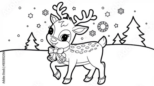 Fototapeta Kids Christmas coloring page featuring a cute reindeer with bells on its neck and a festive bow. Thin black contour with simple clear outlines and many small decorative details. Black and white printa