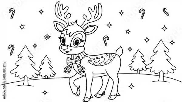 Fototapeta Kids Christmas coloring page featuring a cute reindeer with bells on its neck and a festive bow. Thin black contour with simple clear outlines and many small decorative details. Black and white printa