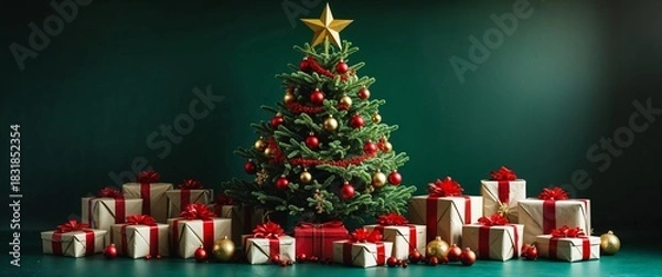 Obraz Festively Decorated Christmas Tree with Red Garland and Ornament Placed on Floor Between Many Wrapped Gifts with Red Bows Placed Against Dark Green Wall and Floor