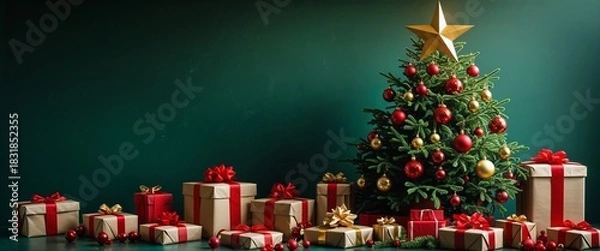 Obraz Decorated Christmas Tree with Red Ornaments Surrounded by Beautiful Wrapped Gifts with Red Ribbons Placed in Dark Green Room Symbolizing Cheer and Festive Atmosphere