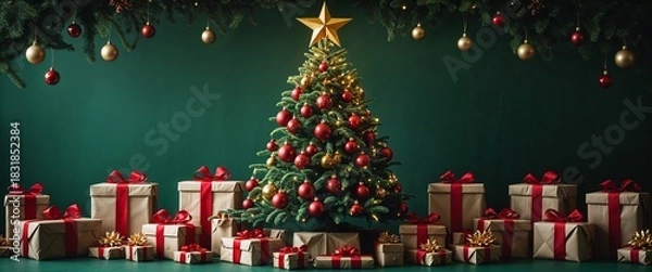 Obraz Beautifully Decorated Coniferous Tree with Golden Star and Baubles with Wrapped Gifts Underneath Placed Against Green Wall and Garland of Fir Branches and Ornaments Backdrop