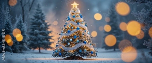 Obraz Decorated Fir Tree Glowing with Star and Sparkling Lights Standing in Snowy Landscape Under Blue Sky on Cold Evening Surrounded by Bare Trees in Winter Wonderland