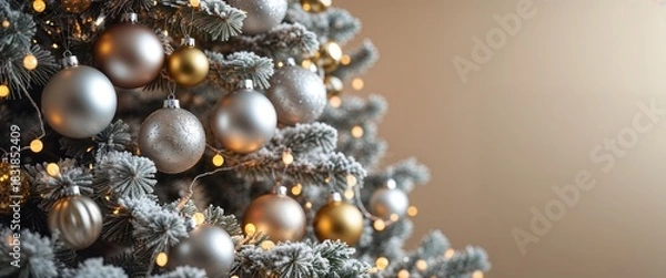 Obraz Close Up of Silver and Gold Christmas Ornaments Hanging on Flocked Tree Lit with String Lights with a Beige Background to Add Text and Provide Winter Season Feeling