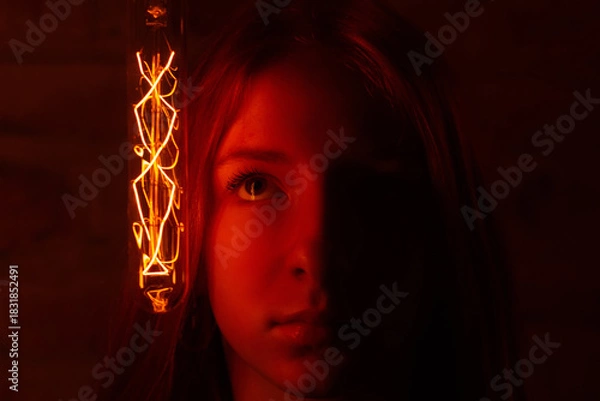 Obraz A moody portrait featuring a young woman's face dramatically illuminated on one side