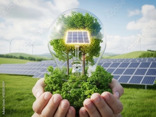 Fototapeta Sustainable energy concept with solar panel in light bulb on green field
