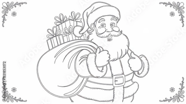 Fototapeta Children’s Christmas coloring page featuring a smiling Santa Claus with a large bag full of gifts. Thin black line art with simple clear contours and many decorative details for careful coloring. Blac