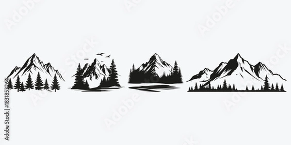 Fototapeta Wilderness mountain with forest silhouette sketch illustration vector set