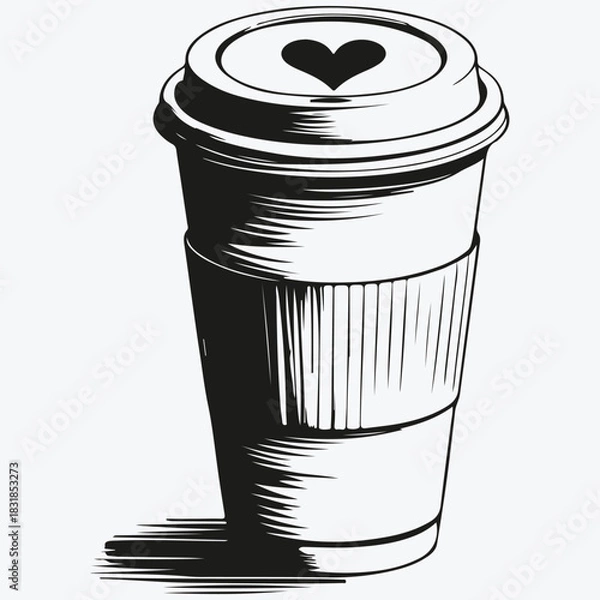 Fototapeta coffee cup top view with heart sketch illustration vector