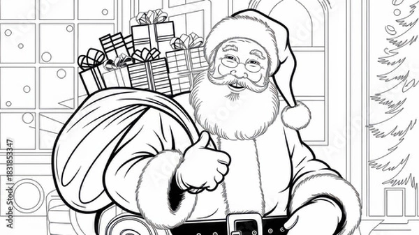 Fototapeta Children’s Christmas coloring page featuring a smiling Santa Claus with a large bag full of gifts. Thin black line art with simple clear contours and many decorative details for careful coloring. Blac