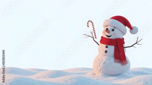 Fototapeta Smiling snowman in red hat and scarf holds candy cane