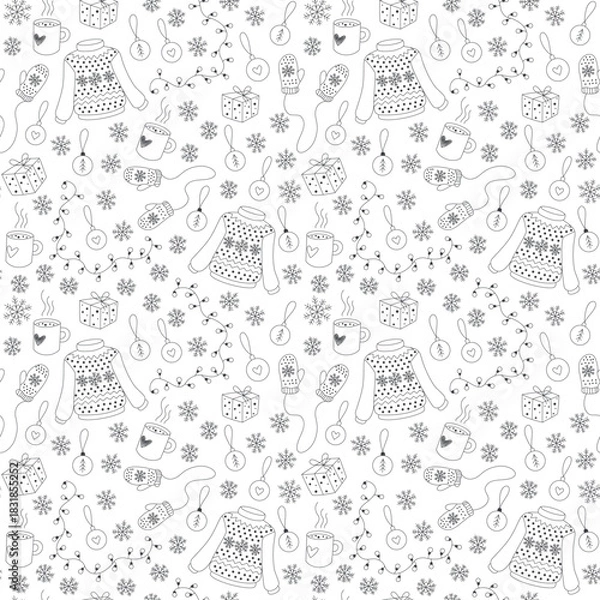 Fototapeta Winter Christmas seamless pattern, background with knitted sweaters, mittens, snowflakes, gifts, decorations and mugs of tea in vector. Cozy festive vibes. Black and white, outline contour drawing.