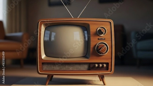 Obraz A high-quality image of the antique television's wooden texture and the reflection on its curved glass screen.