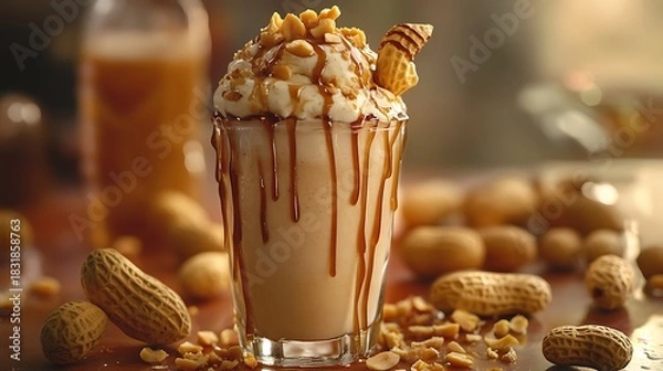 Fototapeta A peanut butter and honey milkshake with crunchy peanut garnish