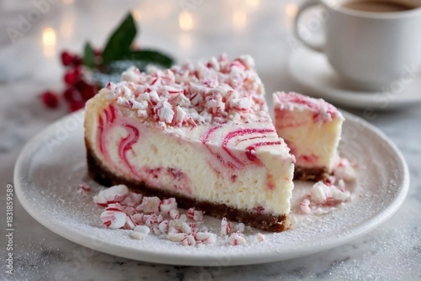Fototapeta Holiday-themed cheesecake with peppermint swirls and crushed candy cane topping, dusted with powdered sugar "snow" 
