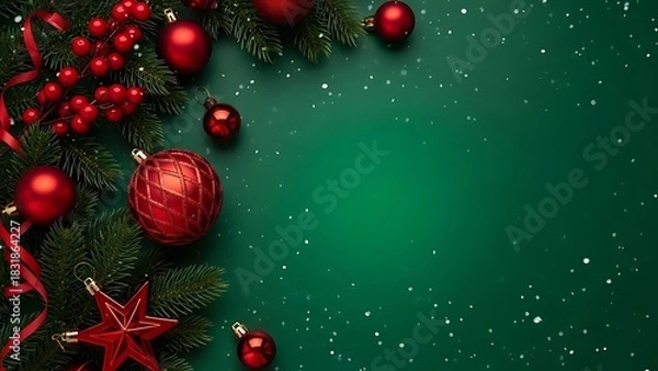 Obraz Elegant holiday backdrop featuring lush evergreen boughs shiny red baubles and soft falling snow