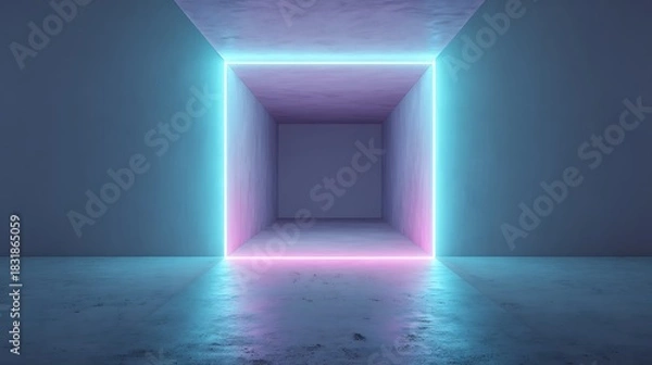 Fototapeta Abstract neon cube tunnel glowing brightly with dark shadowy edges